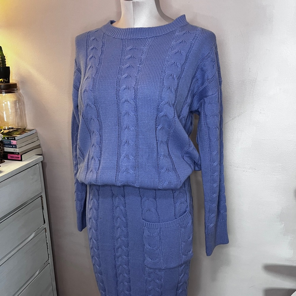 Periwinkle Purple Cable Knit Sweater Suit‎ Midi Skirt 2 Piece Set Womens Large - Picture 2 of 12